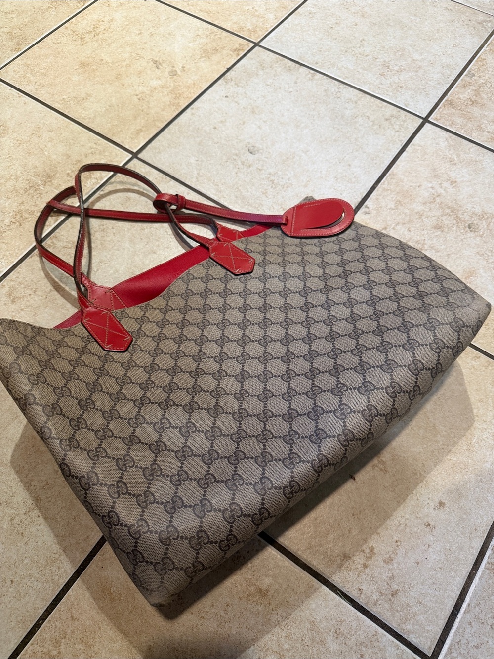 Gucci Brown Monogram Tote with Red Leather Trim